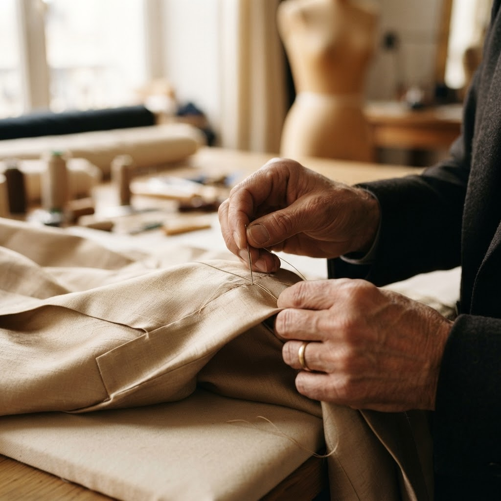 Close-up of a tailor hand-sewing fine silk fabric